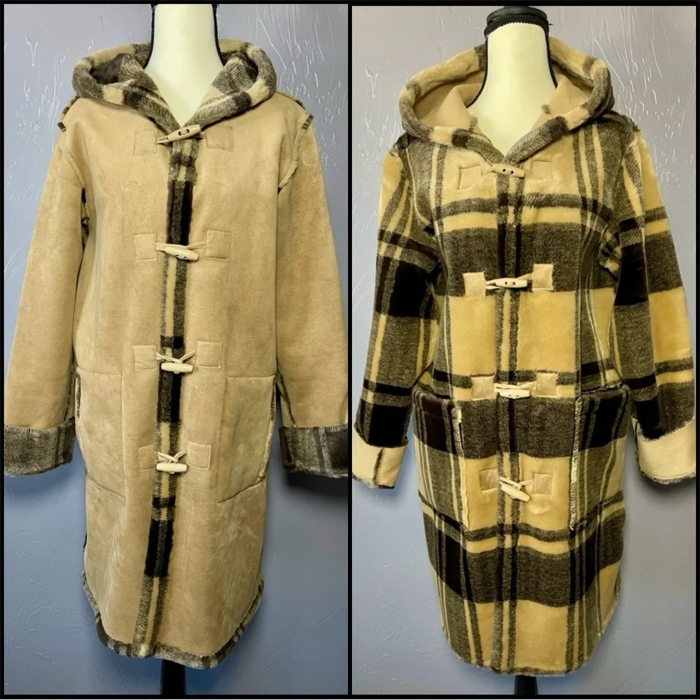 Vintage Y2K 90s Faux Suede Tan & Plaid Reversible Hooded Toggle Coat Jacket - Picture 2 of 13